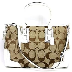Authentic Coach Hamptons Signature Convertable Shoulder Satchel Tote Handbag Khaki White Silver 13812