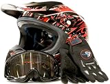 Adult Motocross Helmet Gloves & Goggles ATV Dirt Bike Motorcycle Red