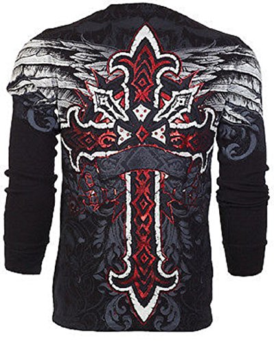 Archaic AFFLICTION Men THERMAL T-Shirt RED FLAG Cross Tattoo Biker UFC