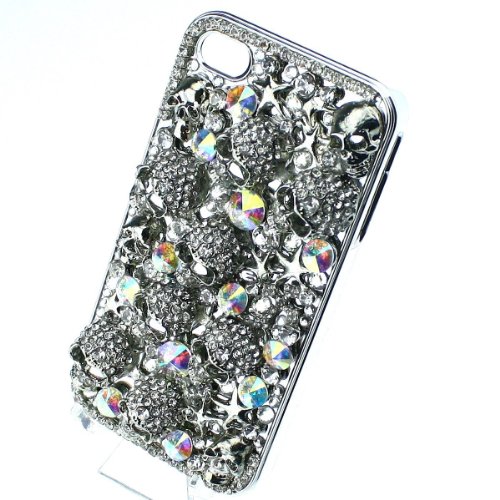 niceEshop Handmade Halloween Silver Skull Black Crystal diamond Bling Crystal Case Cover For iPhone 4 4S