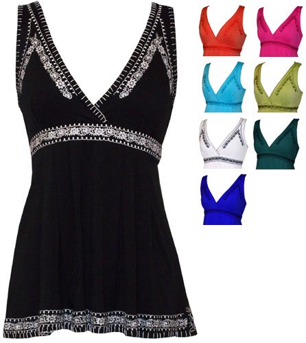 Embroidered Stretch Cotton Bohemian Tank Top