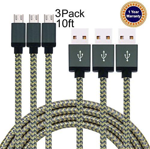 Jricoo Nylon Braided Micro USB Charging Cable, 10 Feet, Gold / Gray