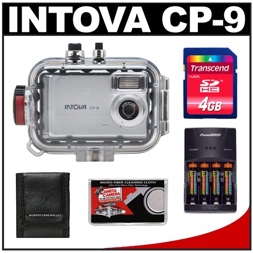 Intova CP-9 Compact Digital Camera with 130' Waterproof Underwater Housing + 4GB Memory Card + Batteries & Charger + Accessory Kit
