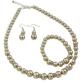 Light Brown Pearl Necklace Bracelet and Earrings Jewelry Set