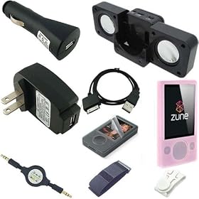 Ultimate Premium Accessory Bundle Combo for Microsoft Zune 80GB / 120GB Series MP3 Player: Pink Silicone Skin Case Cover, USB 2in1 Data Sync Cable, USB Car Charger, USB Wall / Travel / AC Adapter Charger, 3.5mm Auxillary Retractable Cable, Belt Clip, Armband, Portable Foldable Speaker Dock, and a Screen Protector