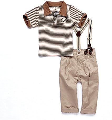 Boy Baby Striped Polo T-shirt Top Bib + Pants Suit Outfit Sets Overall 0-4y (90 (1-2 Years), Gray)