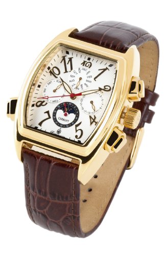 Burgmeister Sao Paulo BM131-285 Herren Automatik Uhr gold weißes Zifferblatt Datum/Tag/Monat/Tag-Nacht braunes Lederarmband