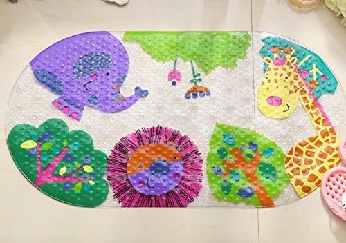 Kids Cartoon Animal World Nonslip Bathroom Rugs, Antibacterial Waterproof PVC Bath Mats,Oval,27x15 inches(69x39cm)