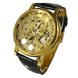 Taobaopit Unisex Elegant Gold-plated Transparent Dial Black Pu Strap Hand-winding Mechanical Wirst Watch with Hand-winding Mechanical Movement