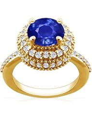 18K Yellow Gold Round Cut Blue Sapphire Ring With Sidestones
