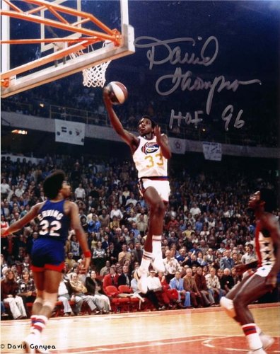 David Thompson Autographed/Hand Signed Nuggets 8x10 Photo with HOF 96 Inscription (ABA Shot Pose 2)
