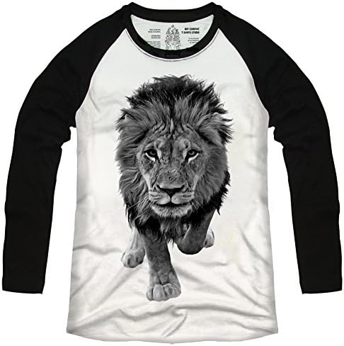 Men's Running Lion Baseball Graphic Basic Long Sleeve Raglan Cotton T-shirts Tee Medium White