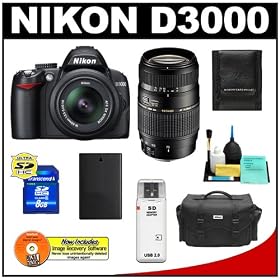 Nikon D3000 10MP Digital SLR Camera with 18-55mm f/3.5-5.6G AF-S DX VR Nikkor Zoom Lens with Tamron 70-300mm Di LD Zoom Lens (Nikon MT) + 8GB Card + EN-EL9a Battery + Nikon Gadget Bag + Accessory Kit