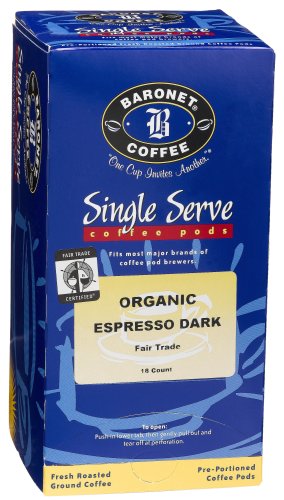Baronet Coffee Organic Espresso Dark, Fair Trade, 18-Count Pods (Pack of 4)