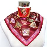 Satin Colorful Pottery Print on Dark Red - Silk Bandana 21x21