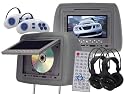New Gray Zipper Headrest Pair 7" LCD Monitors and Region Free DVD Players USB SD Package & 2 Wireless Game Controllers with 32 Bit Game Disks and FM Transmitters! Wireless Game Car Package