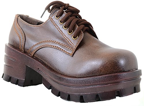 Brown Chunky Lace-up Platform Loafer Heels Work Shoes Women