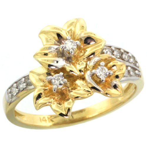 14k Gold Triple Plumeria Flower Diamond Ring w/ 0.27 Carat Brilliant Cut ( H-I Color; VS2-SI1 Clarity ) Diamonds, 5/8 in. (16mm) wide, size 10