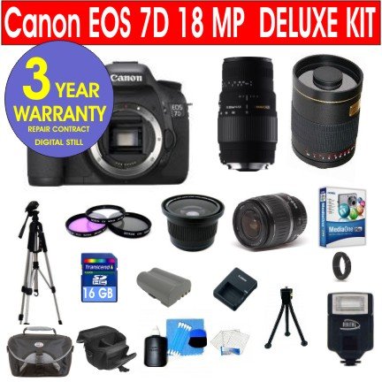 canon eos 7d 18 mp digital slr camera body with canon ef s 18 55mm is lens + sigma 70 300mm telephoto zoom lens + rokinon 500mm f/8 lens with 2x converter (=1000mm) + .42x wide angle lens with macro + 16 gb memory card + multi coated 3 piece filter kit + digital slave flash + corel mediaone plus software + 11 piece accessory kit + deluxe camera case + 3 year warranty repair contract