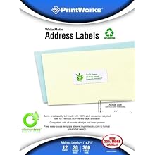Printworks Elementree White Matte Address Labels for Inkjet or Laser Printers or Copiers, 100% Recycled, 12 Sheets/Pack, 1 inch x 2.625 inch, 00487