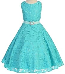 Girls A-line Floral Print Lace Tea Length Natural   Waistline Satin Flower-Girl Dress  With a Sash 