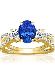 18K Yellow Gold Oval Cut Blue Sapphire Ring With Sidestones