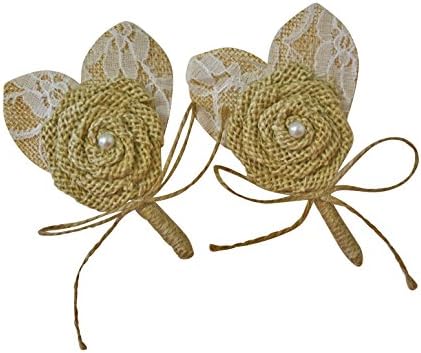 Rustic Wedding Handmade Burlap Flower Lace Pearl Groom Boutonniere Groomsmen Boutonniere Set of Two (Natural Burlap)