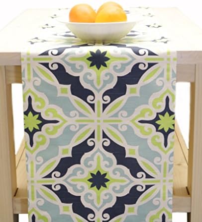 Navy Blue, Lime Green Pacific Blue Geometric Table Runner, Table Runner Blue Green 60 inches, 72 inches, 90 inches, 96 inches, 108 inches, 120 inches long Table Runner - Pacifica (72 inch)