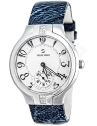 Philip Stein Womens 41SD-FMOP-OGM Round Diamond Mother-Of-Pearl Blue Grainy Calf Strap Watch