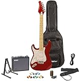 Sawtooth ST-ES-LH-CARP-KIT-3 Left Handed Electric Guitar in Candy Apple Red with White Pickguard, Lesson, Gig Bag, Stand, Cable, Picks, Tuner, Strap, Amplifier