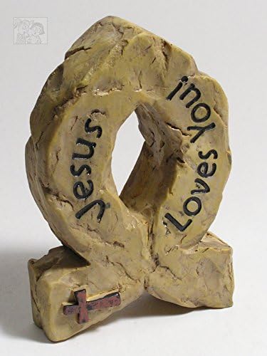 Jesus Loves You, Scriptural Stone Cast Christian Fish Symbol 4 x 2.5 x 1 inches