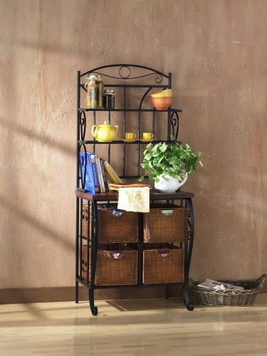 Iron Baker's Rack with Wicker Storage - Black