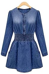 Sexy Denim/Polyester/Spandex Long Sleeves Flared-Skirt Checkered Print Skater Dress 