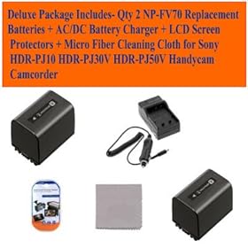Deluxe Package Includes- Qty 2 Np-fv70 Replacement Batteries + Ac/dc Battery Charger + LCD Screen Protectors + Micro Fiber Cleaning Cloth for Sony Hdr-pj10 Hdr-pj30v Hdr-pj50v Handycam Camcorder