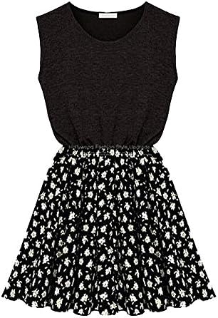 DAILISHA Womens Cotton Top Splicing Flora Down A Line Tunic Dress (L, Black)