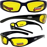 CHICAGO FOAM PADDED SUNGLASSES, MOTORCYCLE ATV SPORTS EYEWEAR MATTE BLACK FRAME YELLOW LENSES