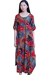 General Print Vintage Elbow Length Sleeves Cotton Midi Dress 