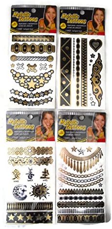 Metallic Gold Silver Black Temporary Tattoo Bundle 4 Sheets