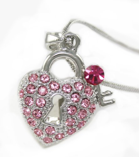 Lovely Pink Key to my Heart Lock Charm Necklace Silver Tone Great Valentines Day Gift!