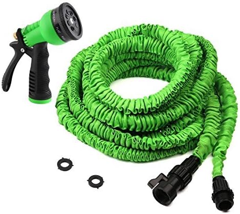 Hosem-50ft - Expandable Garden Hose + 8 Function Spray Nozzle and Shut-off Valve,Green, Lightweight