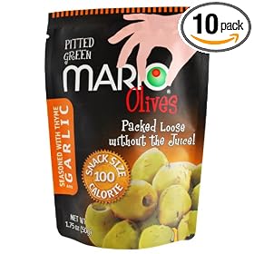 Mario Camacho Green Pitted Olives Seasoned with Garlic and Thyme, 1.75-Ounce Packages (Pack of 10)