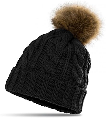 CASPAR Womens Winter Knitted Beanie Fleece Inner Lining Large Fur Bobble - MU104