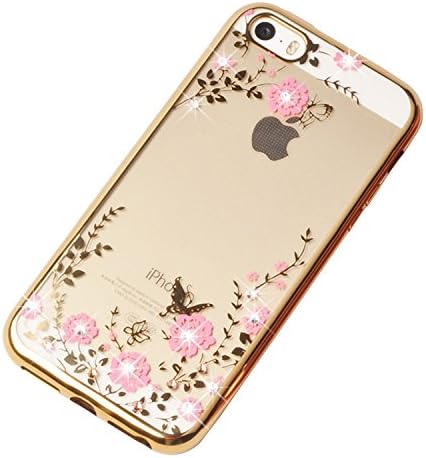 iPhone 5/5S/5SE Case,Soft Case Cover,Clear TPU Cover with Glitter Bling Zircon and Flowers for Apple iPhone 5 5S SE (Gold + Pink Flower)