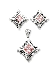 Sterling Silver Pink Cz Pendant & Earring Set, Best Quality Free Gift Box Satisfaction Guaranteed