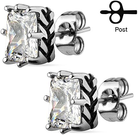 316L Surgical Stainless Steel Pair of Radiant Cut Clear Cz Midieval Rope Edge Stud Earring with Friction Back Post, Earring Dimensions of 7.65MMx9.85MM