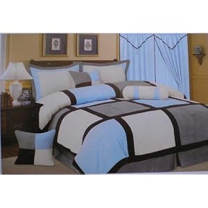 <b>7pc Queen Grey / Blue Square Patch Work Quality Soft Mic</b>