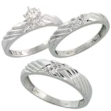 10k White Gold 3-Piece Trio His (5mm) & Hers (3.5mm) Diamond Wedding Band Set, w/ 0.16 Carat Brilliant Cut Diamonds; (Ladies Size 5 to10; Men's Size 8 to 14)