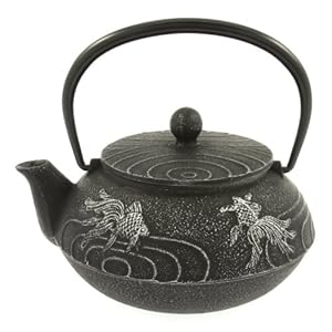 Iwachu Japanese Iron Teapot Tetsubin Silver And Black Goldfish