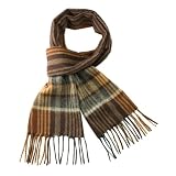 100% Wool Men's Winter Brown Stripes Plaid Tassels Ends Long Scarf - Brown