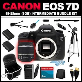 Canon EOS 7D 18 MP CMOS Digital SLR Camera with 3-Inch LCD and Canon EF-S 18-55mm f/3.5-5.6 IS SLR Lens (8GB Intermediate Bundle Kit) includes x2 Batteries, Charger, Case, Memory Card, Memory Card Wallet, HDMI Cable, Table Tripod, Full Size Tripod, Monopod, USB Card Reader, Dust Blower, Cleaning Kit
